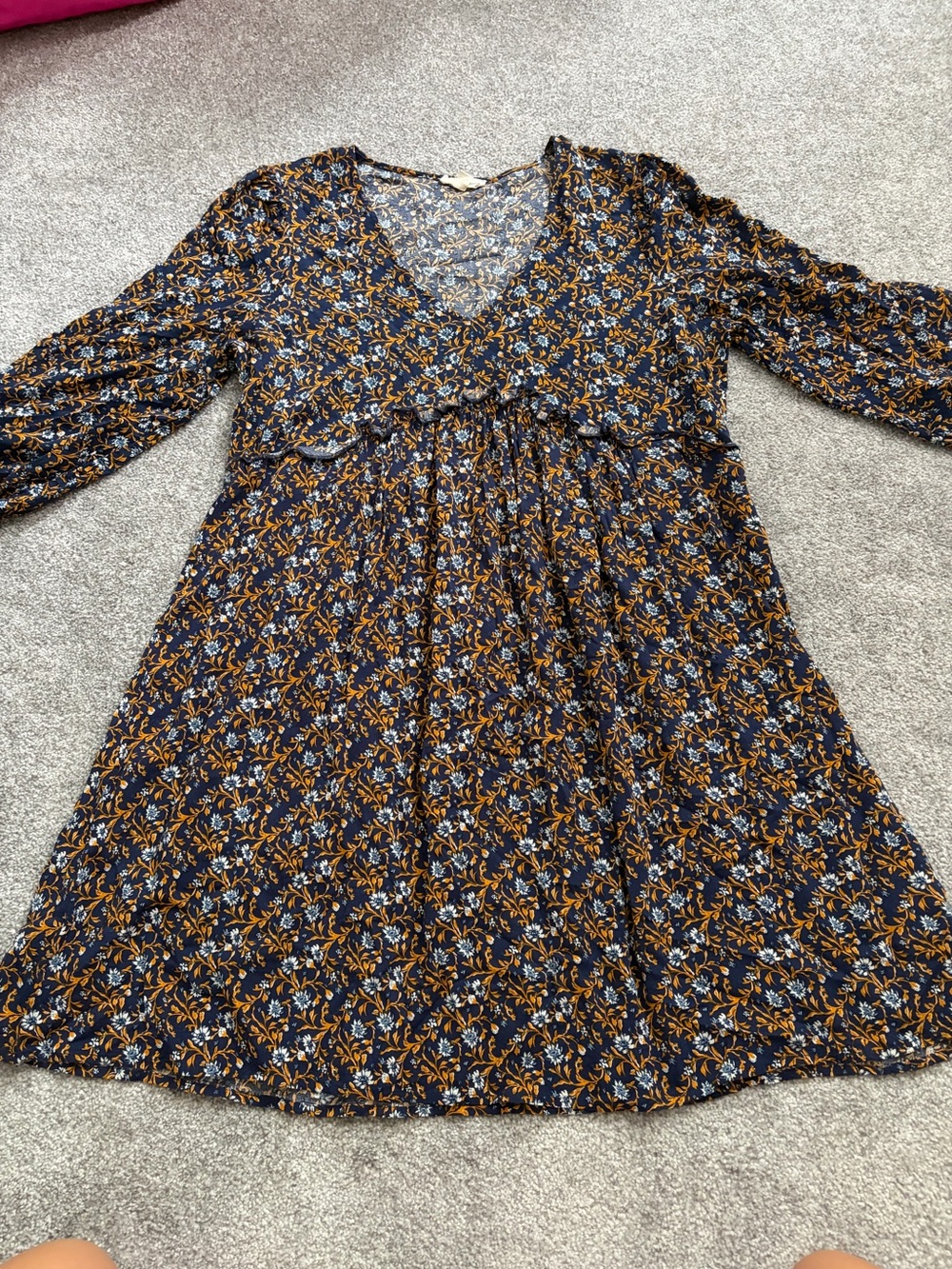 Nina Navy Floral V-Neck Dress with Mustard Leaves